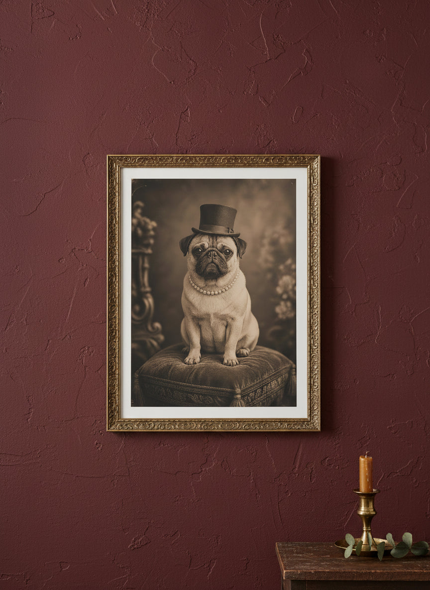 Victorian Pug Portrait Art art print shown in a burgundy brass setting