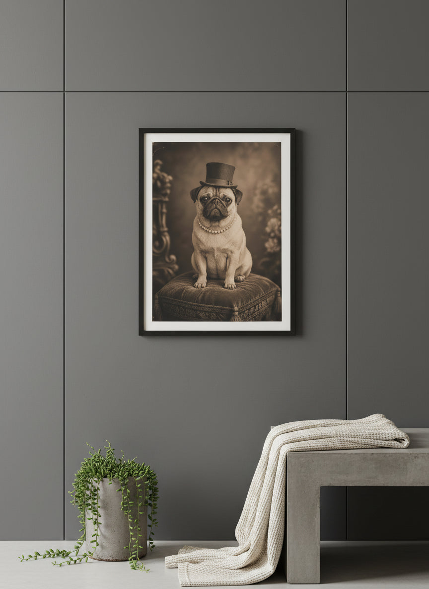 Victorian Pug Portrait Art art print shown in a charcoal minimal black setting