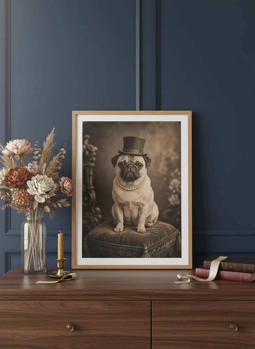 Victorian Pug Portrait Art art print shown in a dresser dried florals setting