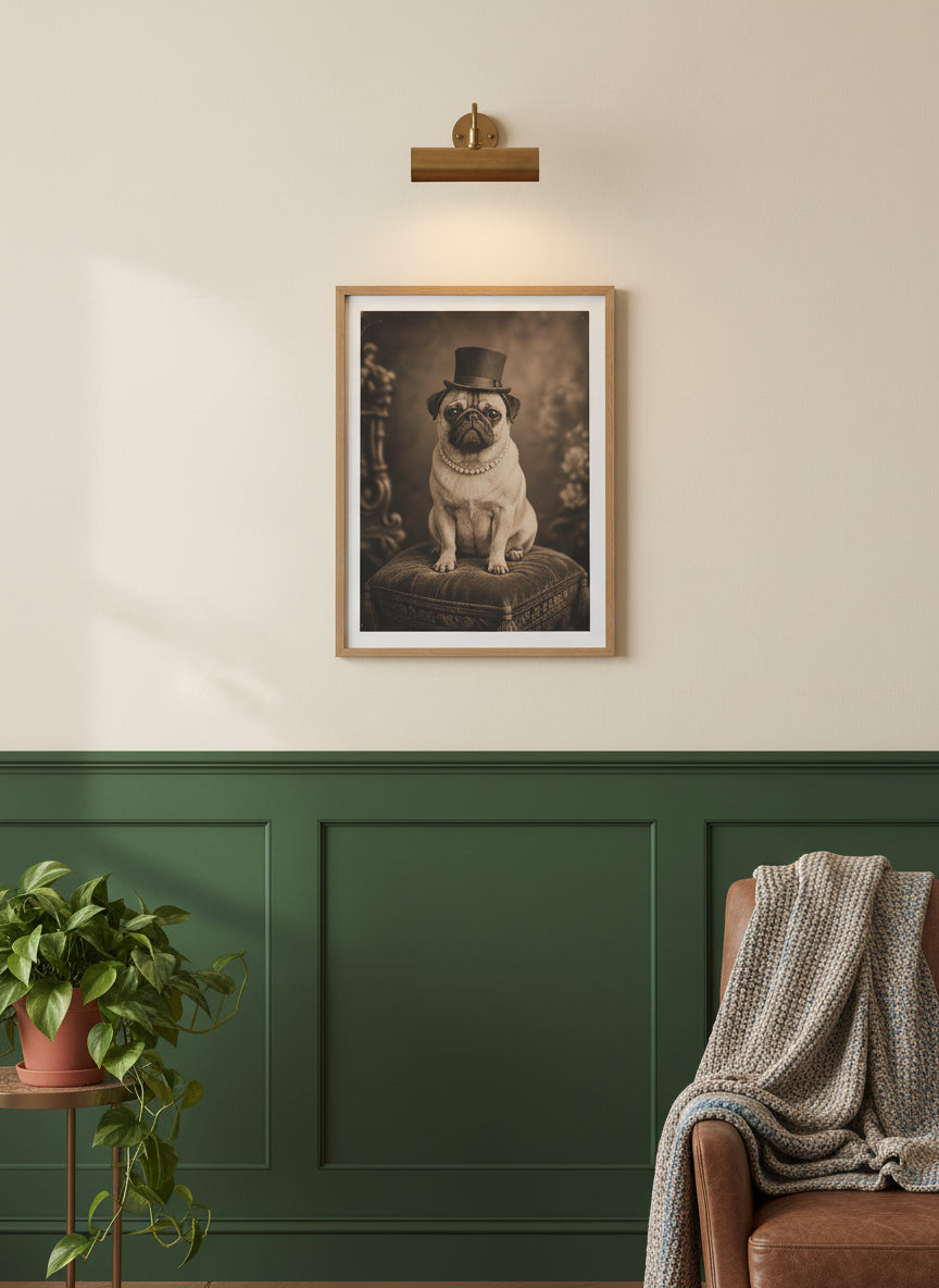 Victorian Pug Portrait Art art print shown in a forest green walnut setting