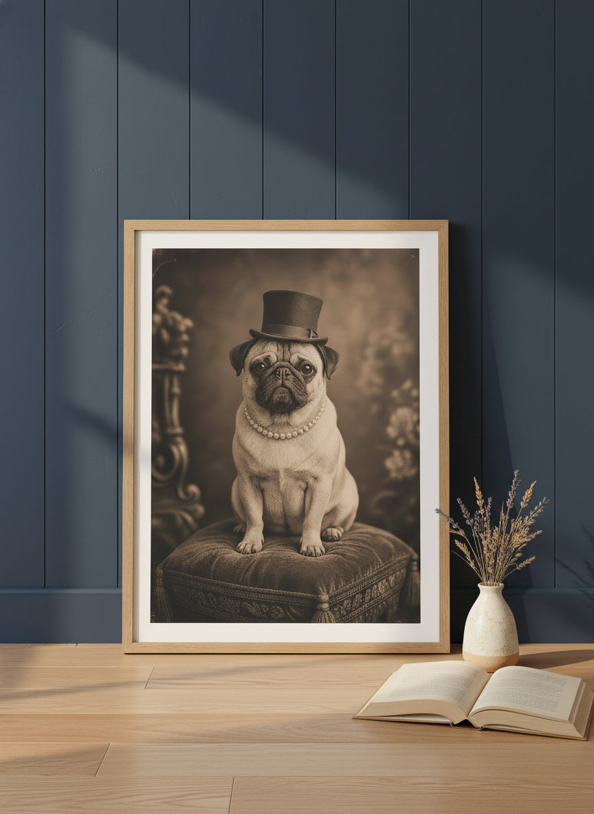 Victorian Pug Portrait Art art print shown in a navy paneled oak setting