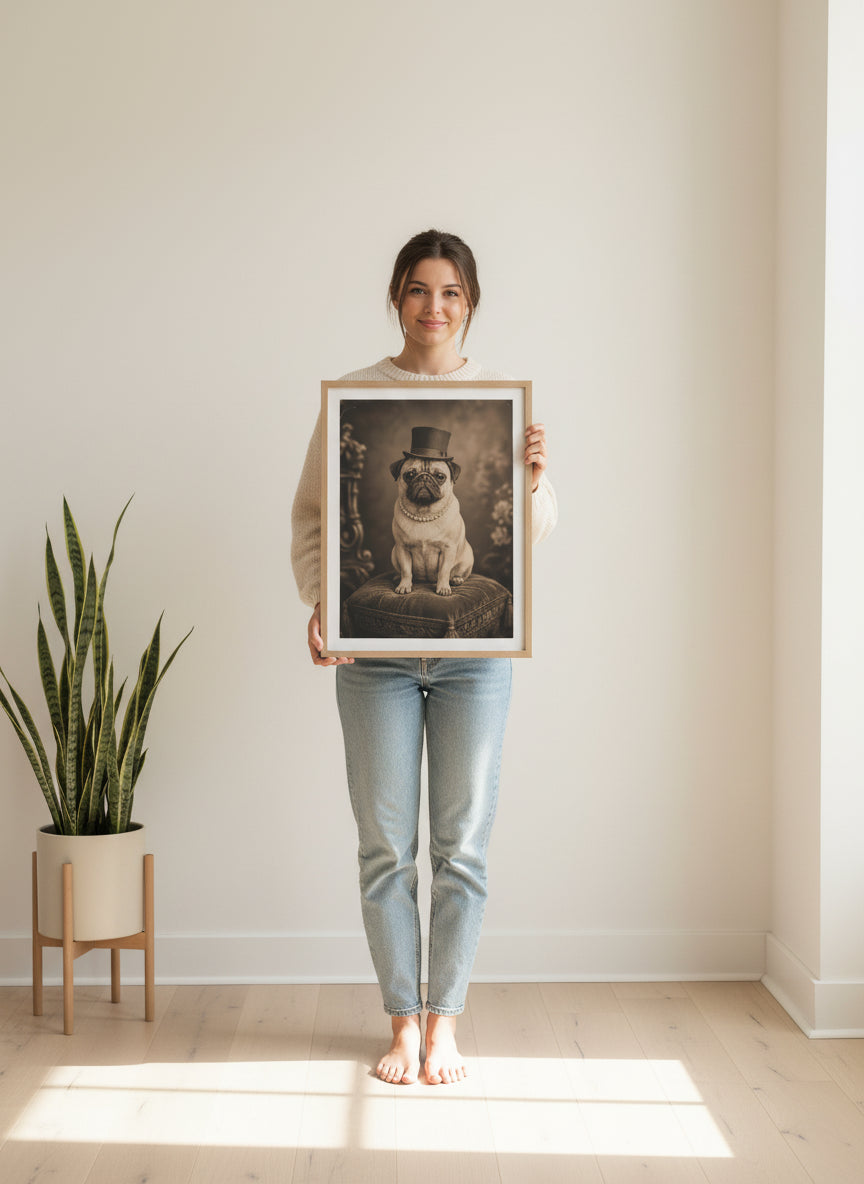 Victorian Pug Portrait Art art print shown in a person holding bright setting