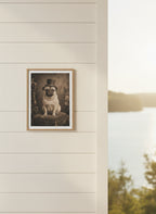 Victorian Pug Portrait Art art print shown in a shiplap blurred view setting
