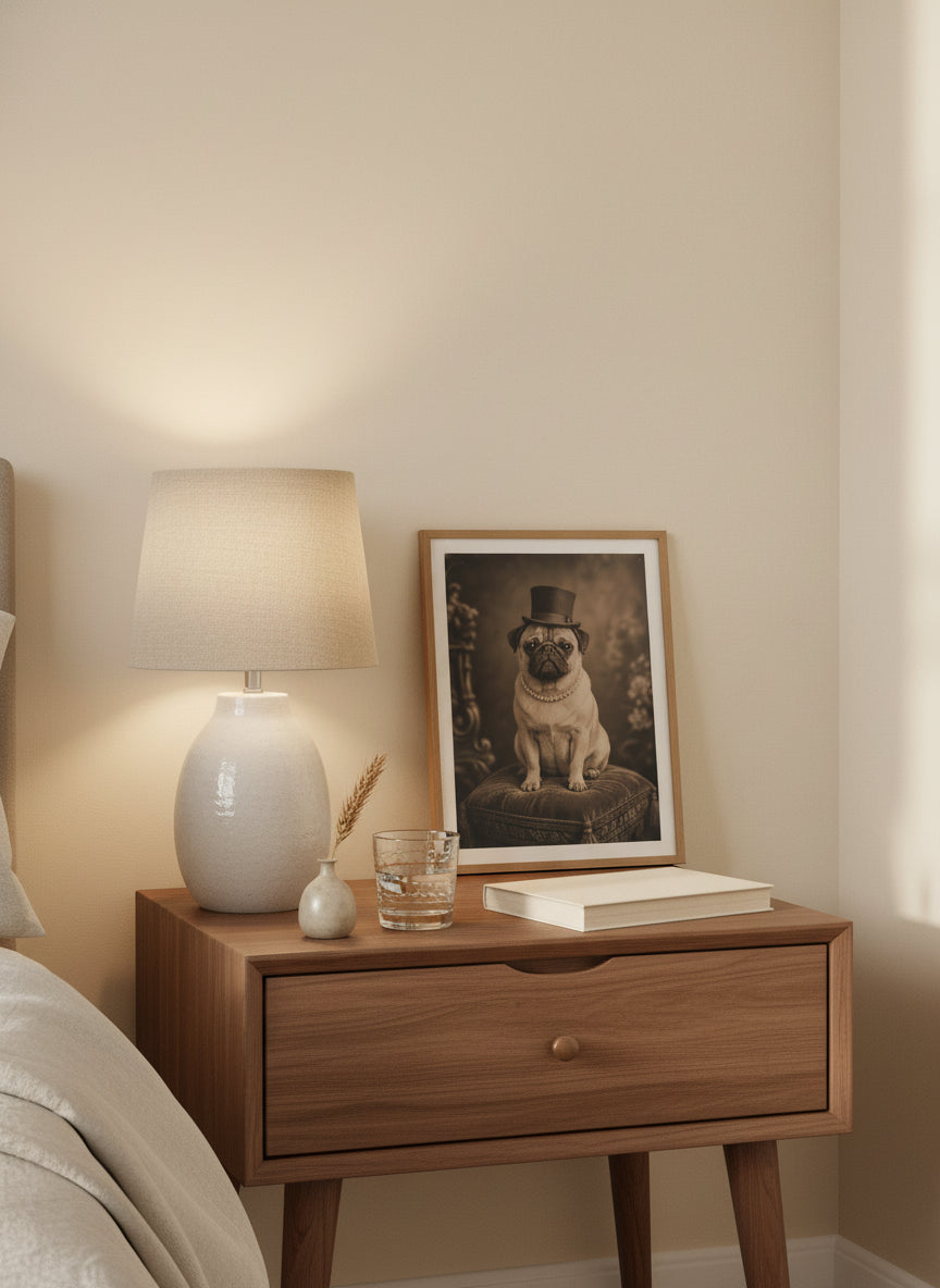 Victorian Pug Portrait Art art print shown in a small bedside oak setting