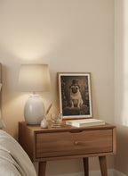 Victorian Pug Portrait Art art print shown in a small bedside oak setting