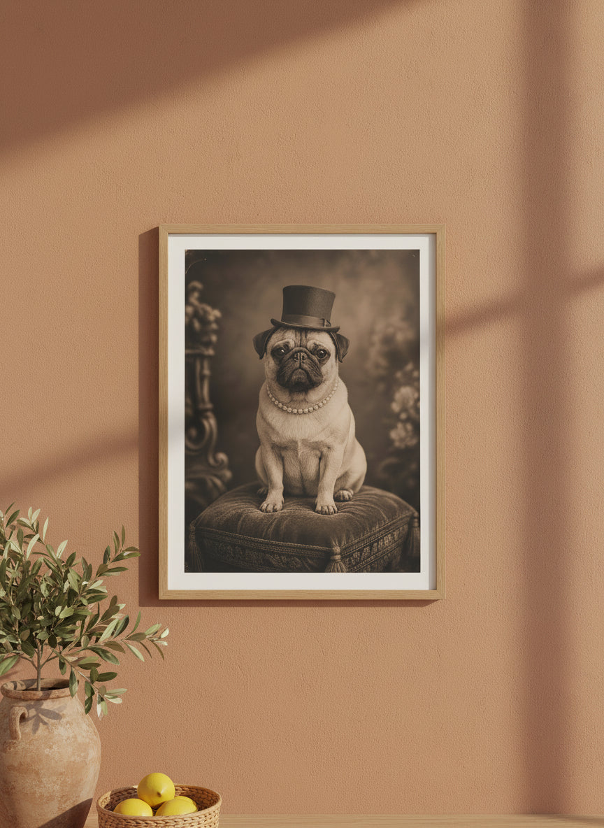 Victorian Pug Portrait Art art print shown in a terracotta rustic setting