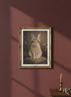 Vintage Portrait Bunny Floral Crown art print shown in a burgundy brass setting