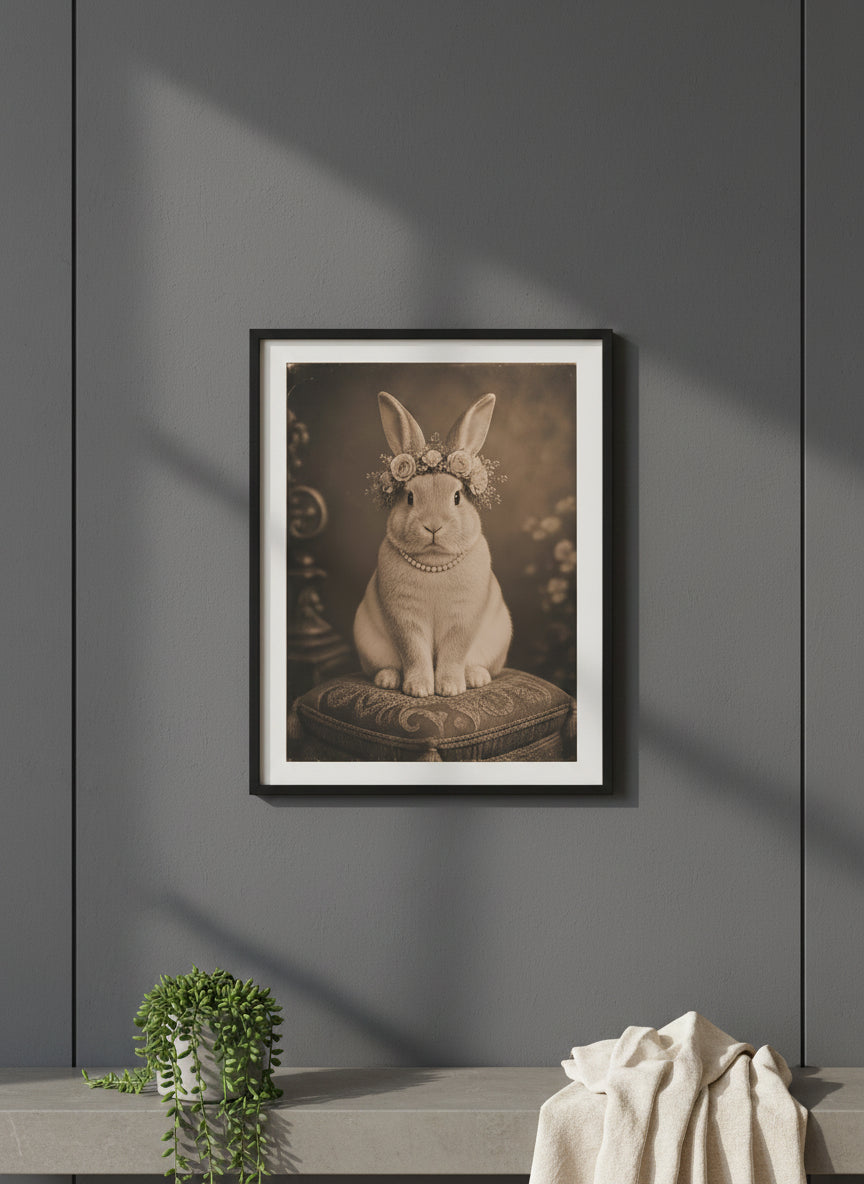 Vintage Portrait Bunny Floral Crown art print shown in a charcoal minimal black setting