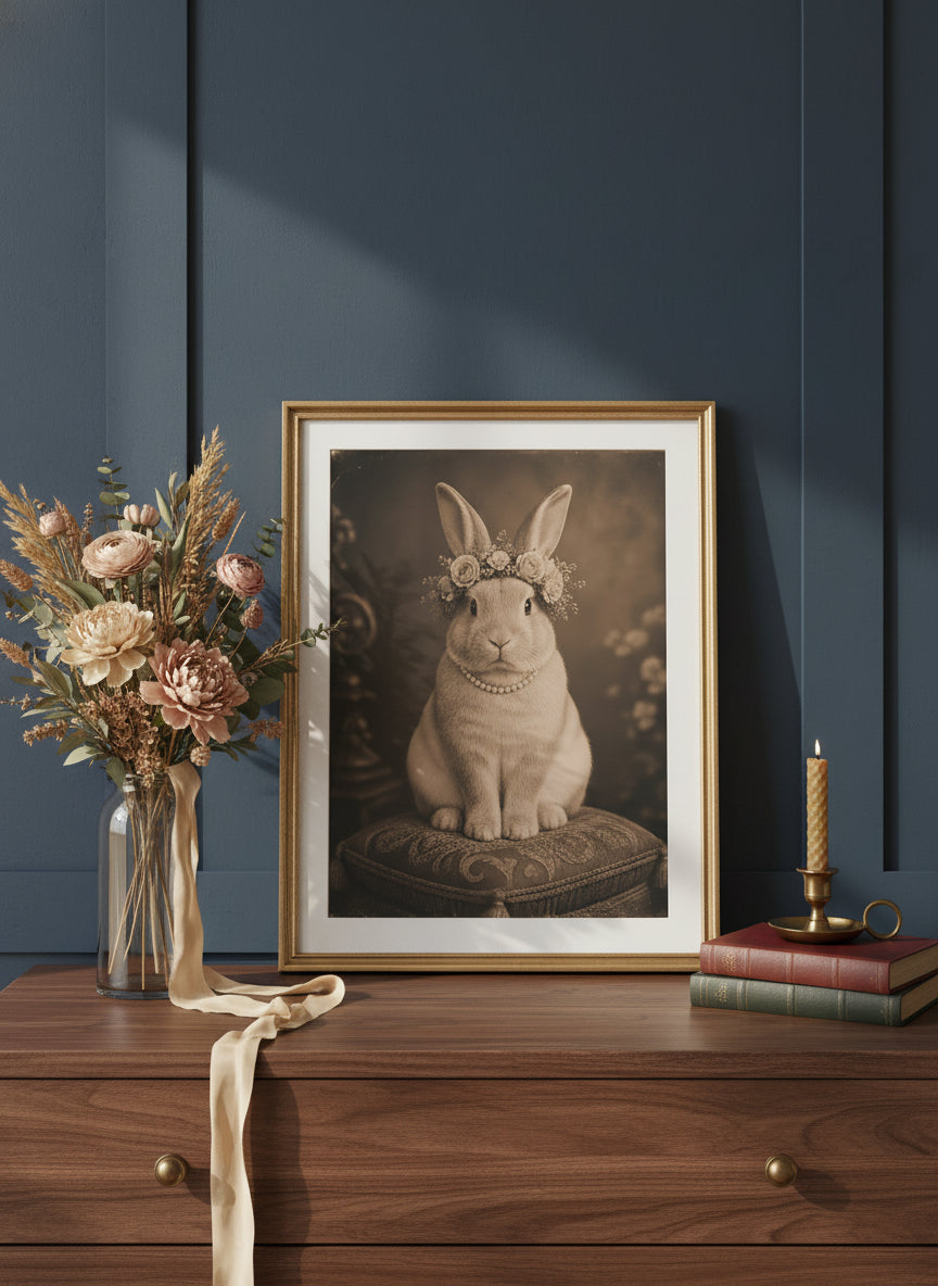 Vintage Portrait Bunny Floral Crown art print shown in a dresser dried florals setting
