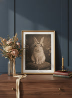 Vintage Portrait Bunny Floral Crown art print shown in a dresser dried florals setting