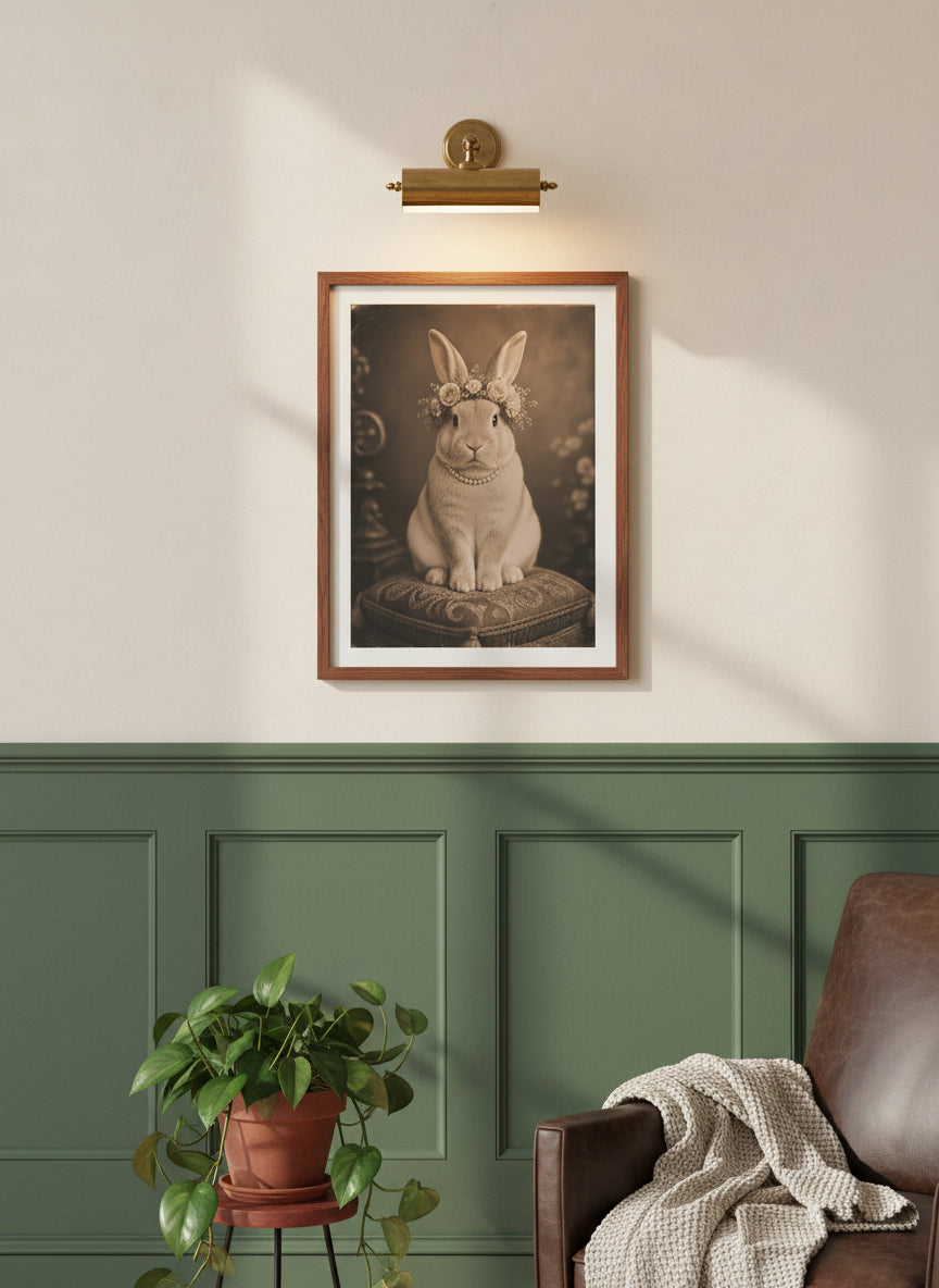 Vintage Portrait Bunny Floral Crown art print shown in a forest green walnut setting