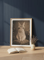 Vintage Portrait Bunny Floral Crown art print shown in a navy paneled oak setting