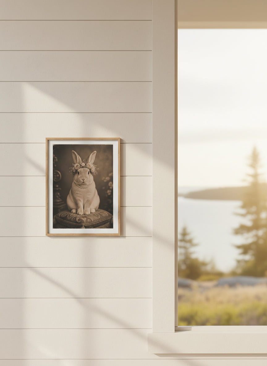 Vintage Portrait Bunny Floral Crown art print shown in a shiplap blurred view setting