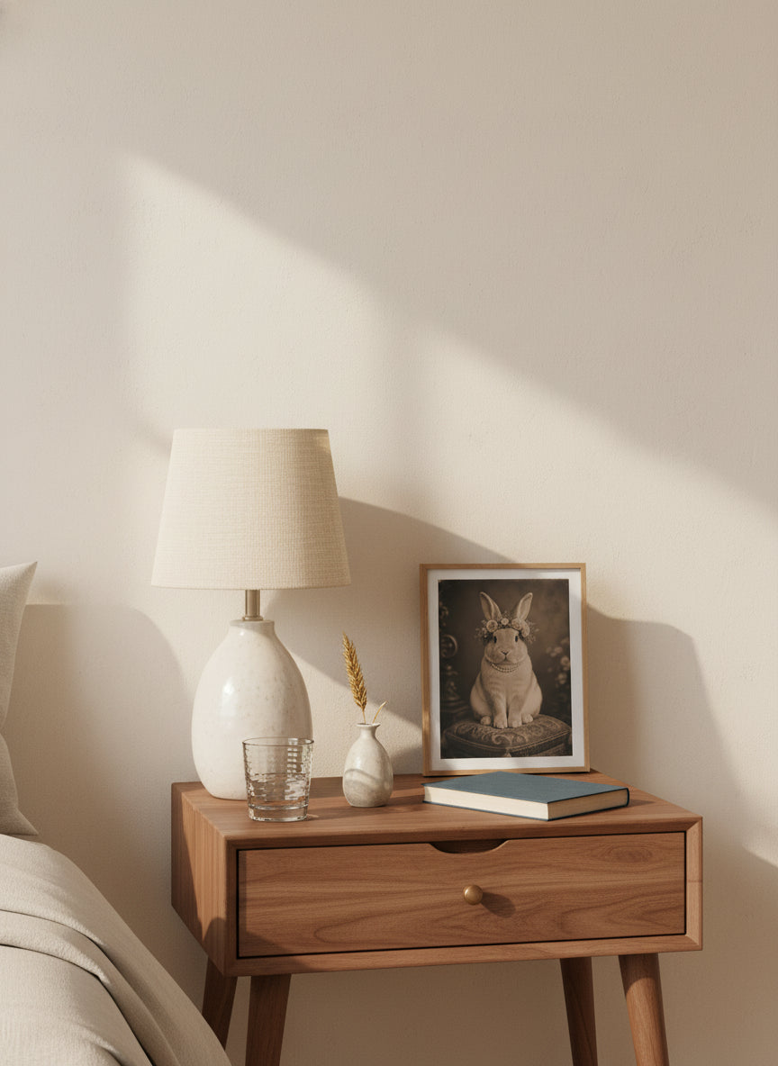 Vintage Portrait Bunny Floral Crown art print shown in a small bedside oak setting