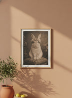 Vintage Portrait Bunny Floral Crown art print shown in a terracotta rustic setting