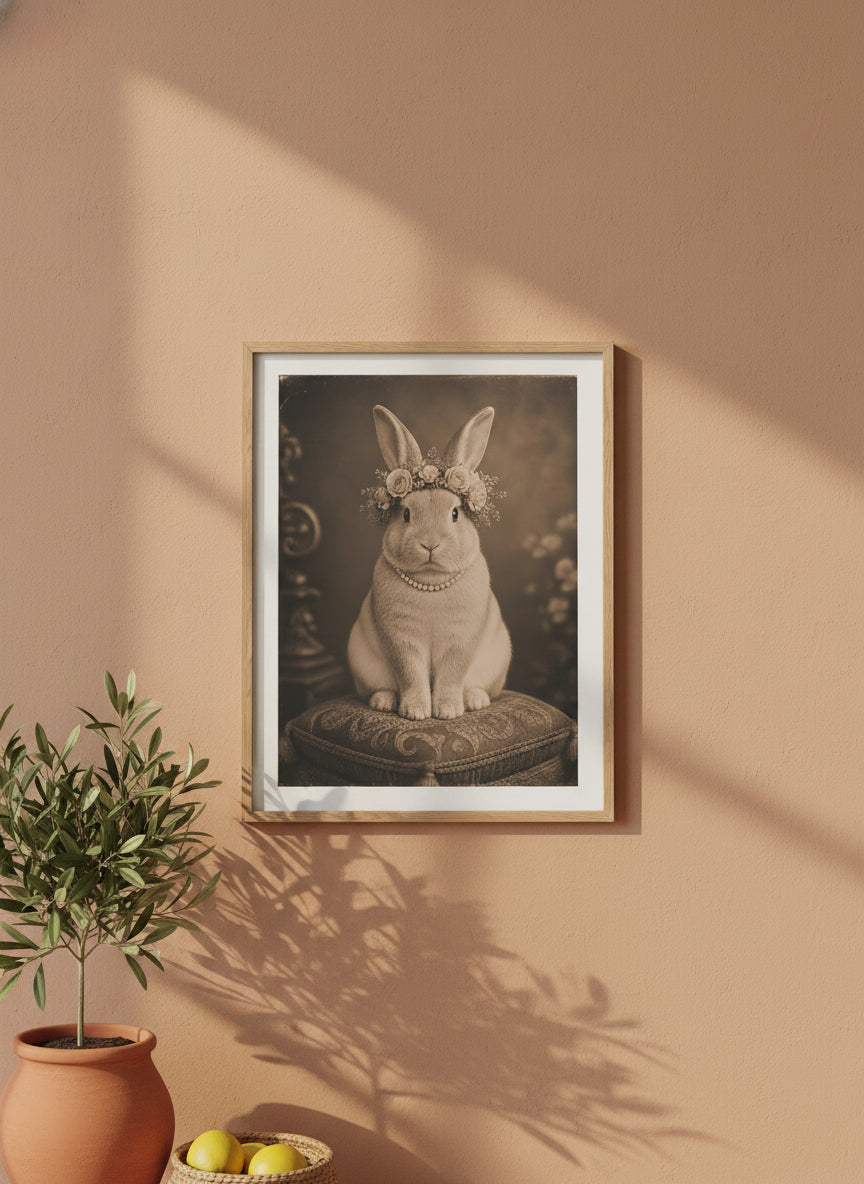 Vintage Portrait Bunny Floral Crown art print shown in a terracotta rustic setting