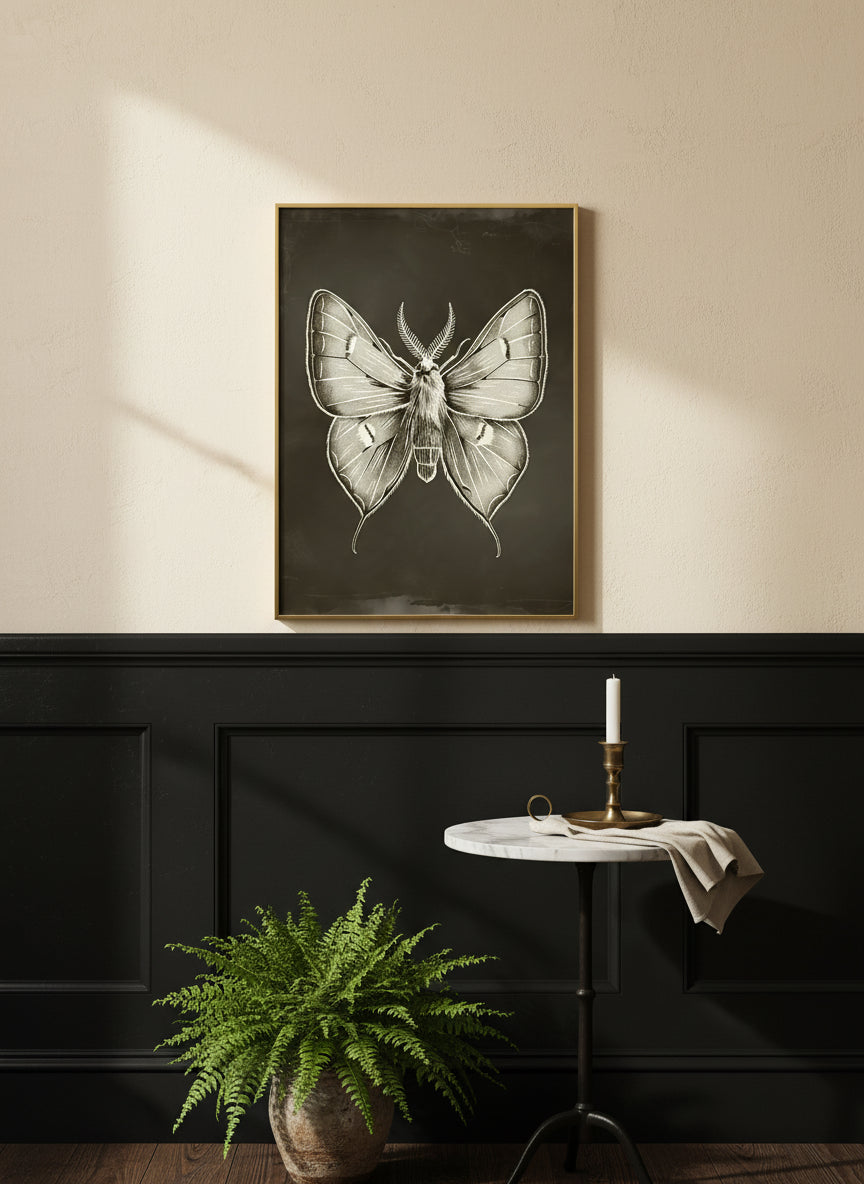 Dark Gothic Moth Illustration art print shown in a black wainscoting gold setting