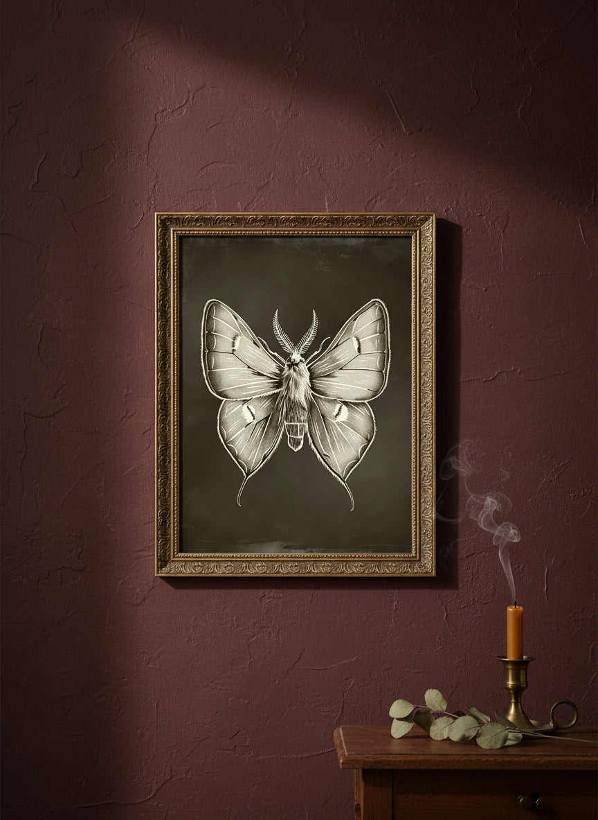 Dark Gothic Moth Illustration art print shown in a burgundy brass setting