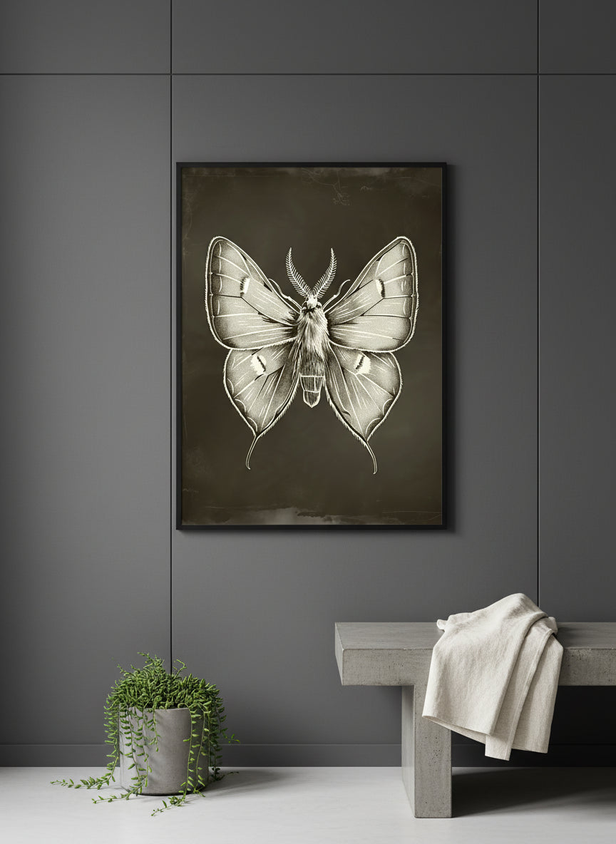 Dark Gothic Moth Illustration art print shown in a charcoal minimal black setting