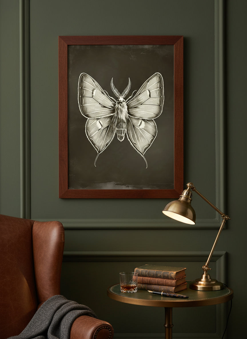 Dark Gothic Moth Illustration art print shown in a dark olive study setting