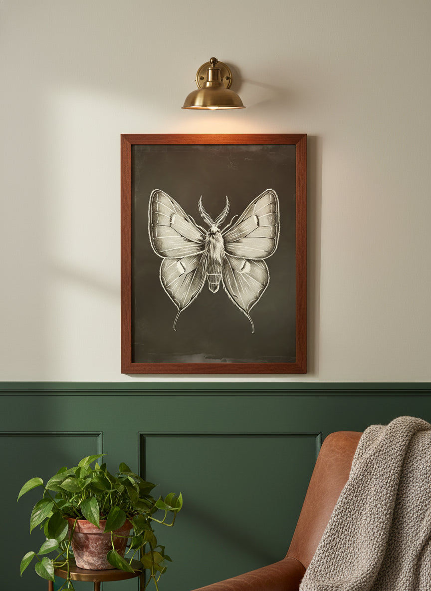 Dark Gothic Moth Illustration art print shown in a forest green walnut setting