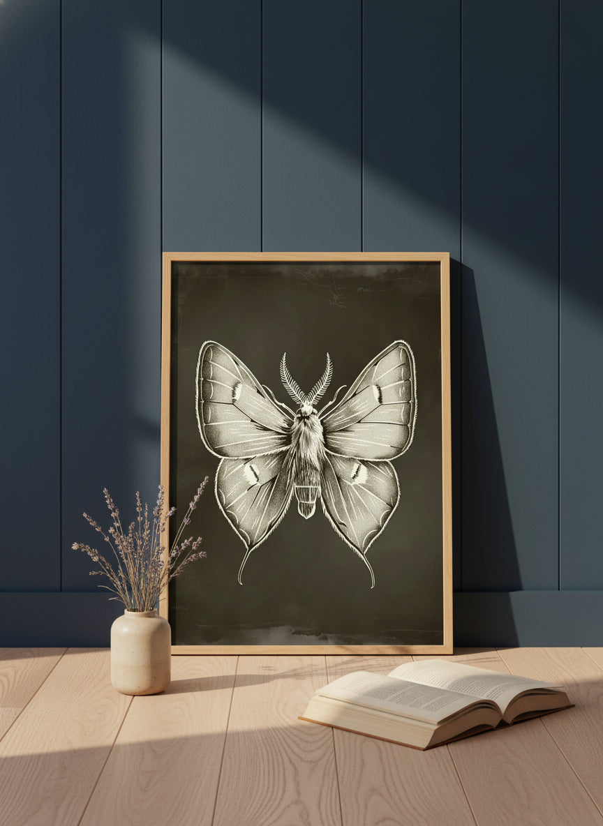 Dark Gothic Moth Illustration art print shown in a navy paneled oak setting