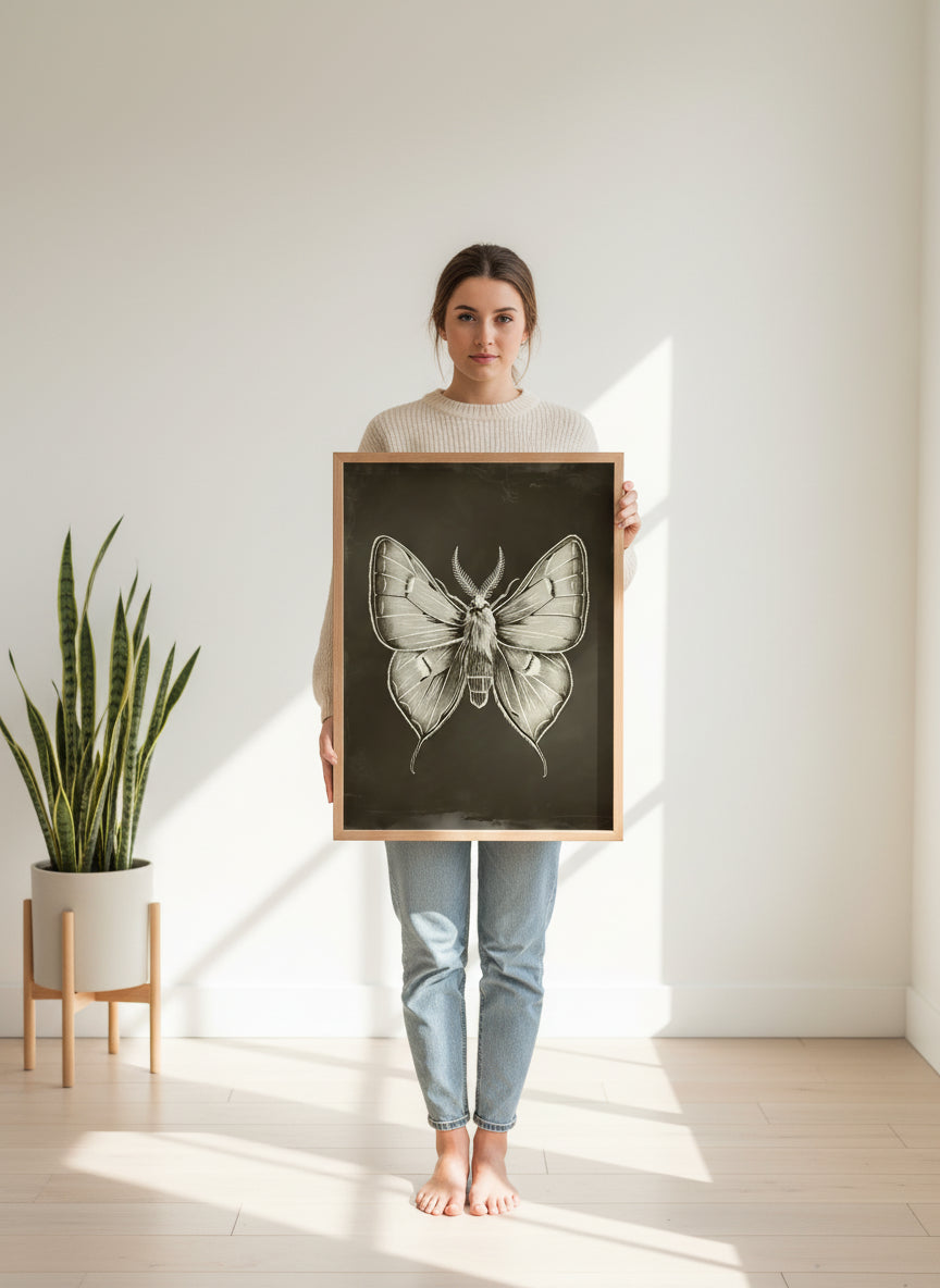 Dark Gothic Moth Illustration art print shown in a person holding bright setting