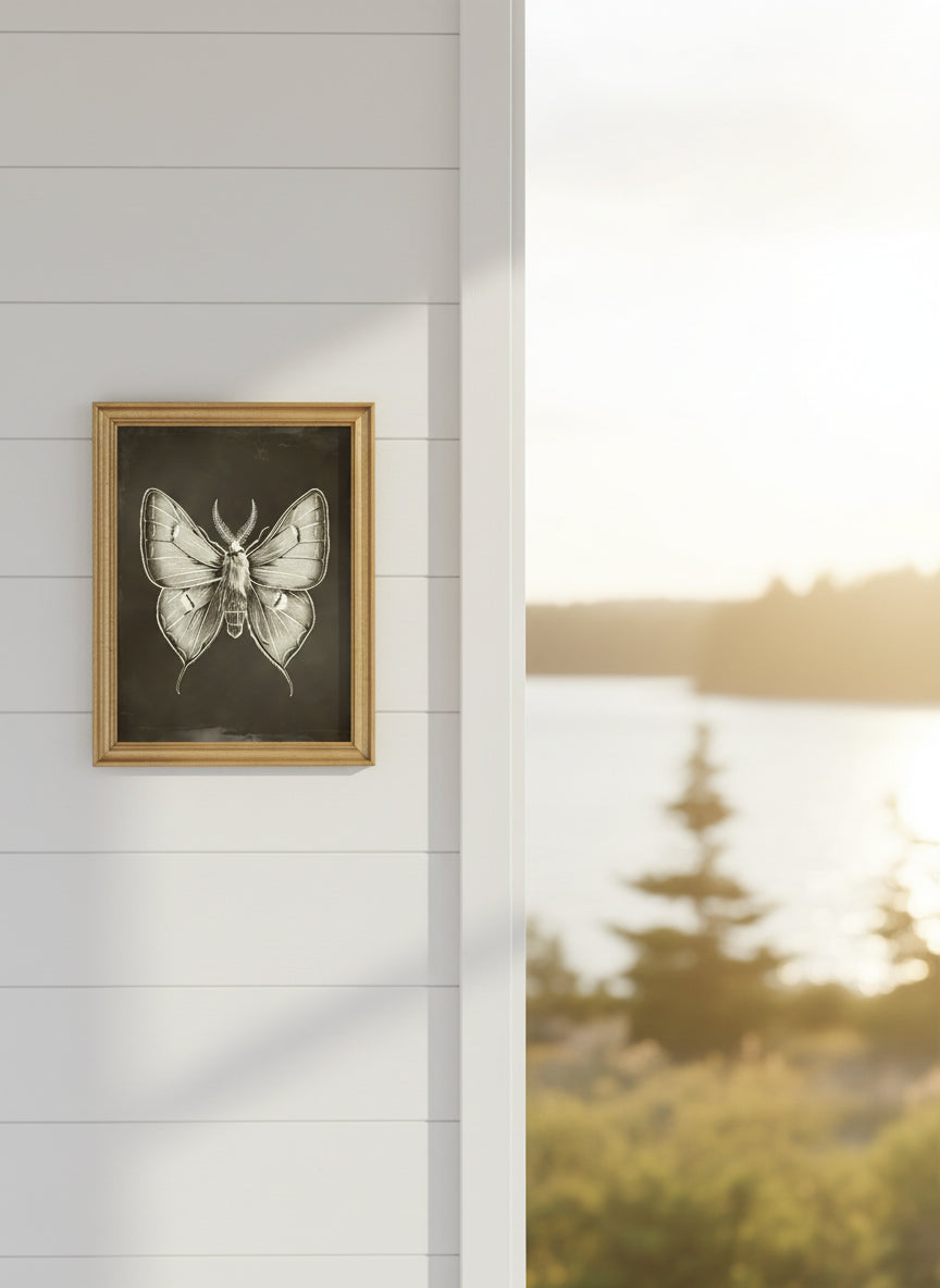 Dark Gothic Moth Illustration art print shown in a shiplap blurred view setting