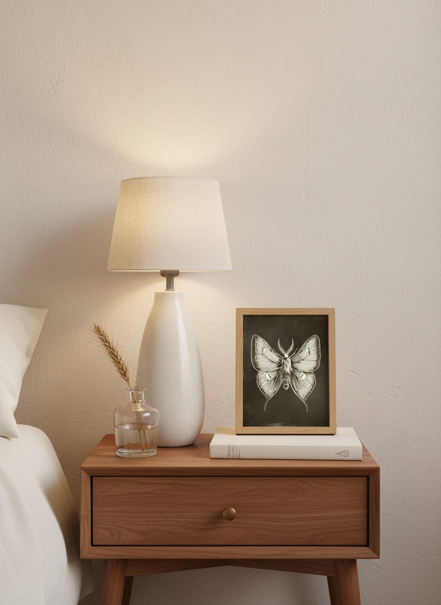 Dark Gothic Moth Illustration art print shown in a small bedside oak setting