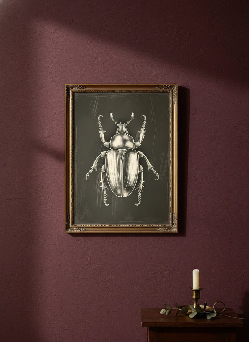 Vintage Beetle Insect Art art print shown in a burgundy brass setting