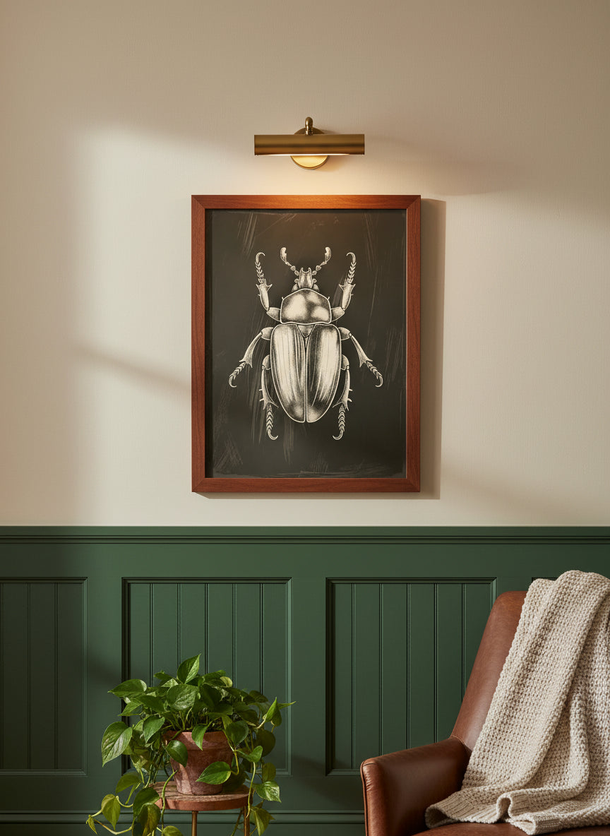 Vintage Beetle Insect Art art print shown in a forest green walnut setting
