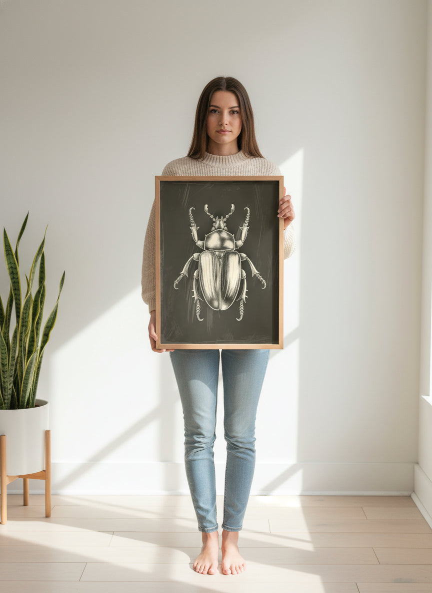 Vintage Beetle Insect Art art print shown in a person holding bright setting