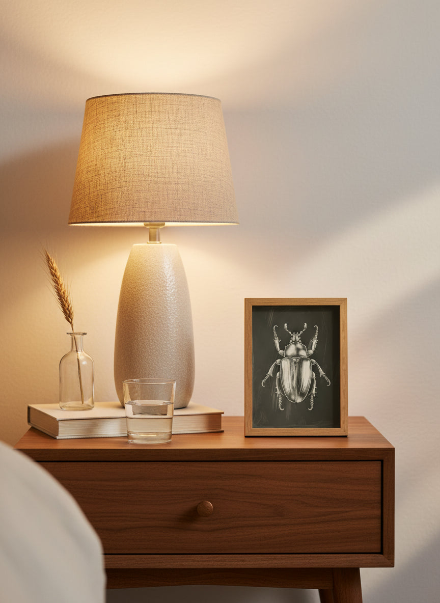 Vintage Beetle Insect Art art print shown in a small bedside oak setting
