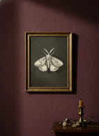Dark Moth Botanical Illustration art print shown in a burgundy brass setting