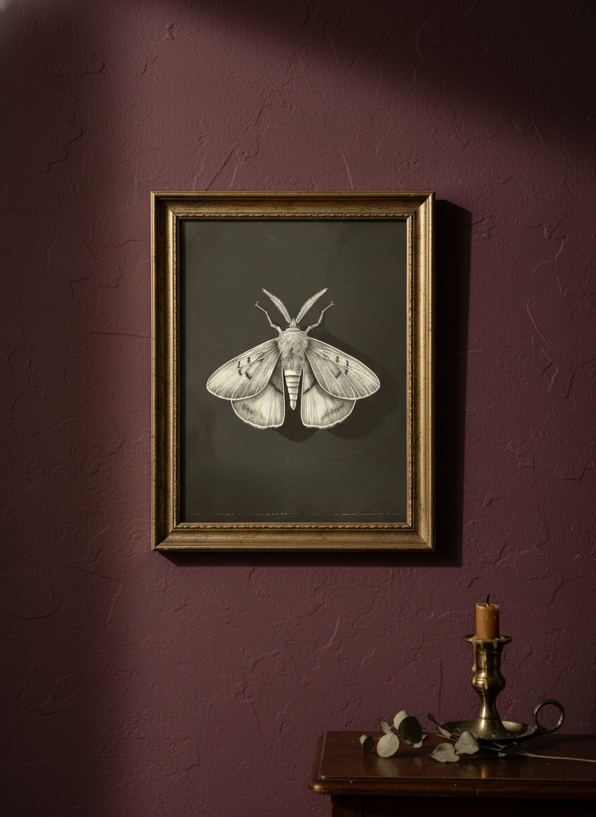 Dark Moth Botanical Illustration art print shown in a burgundy brass setting
