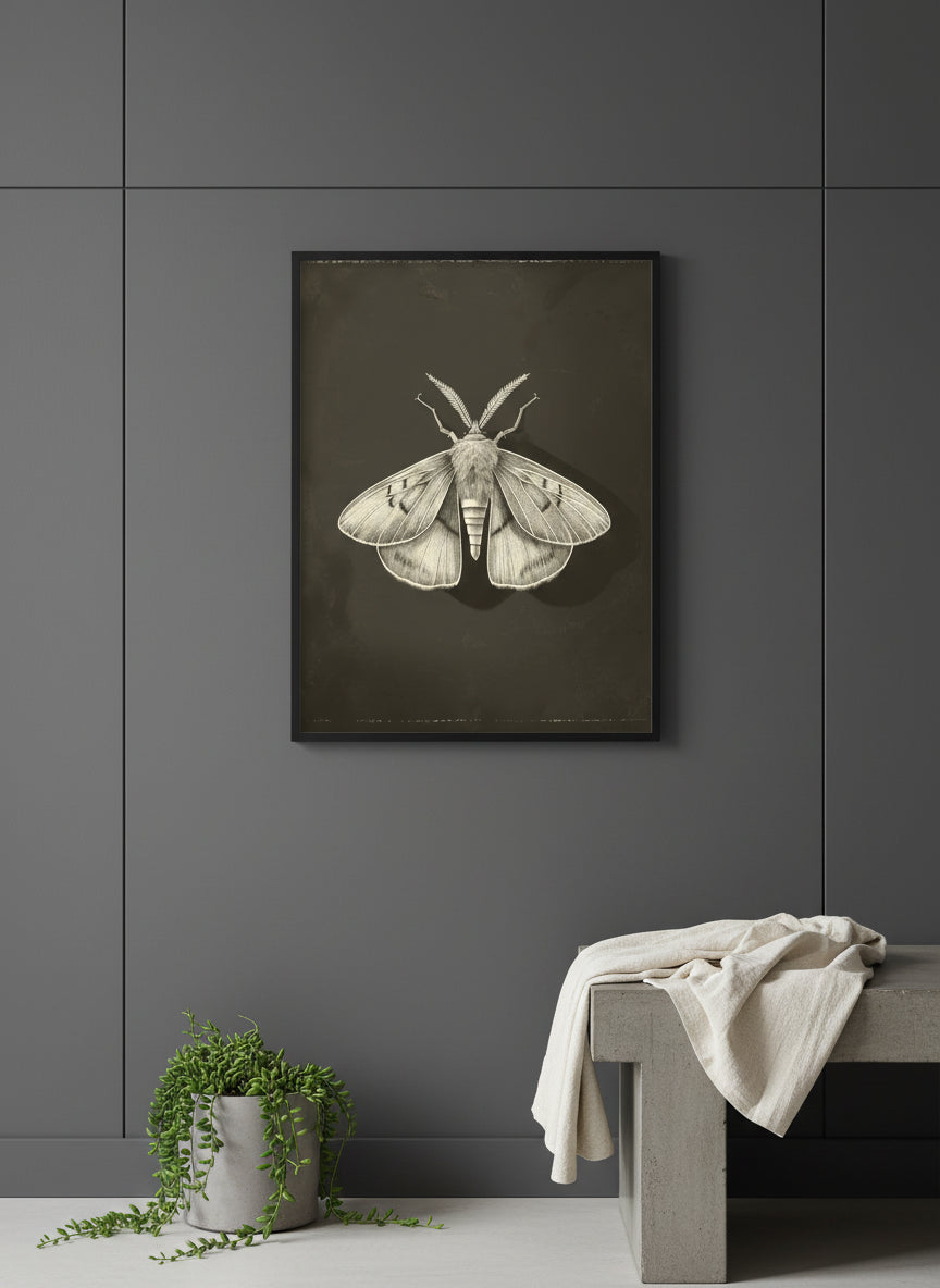 Dark Moth Botanical Illustration art print shown in a charcoal minimal black setting