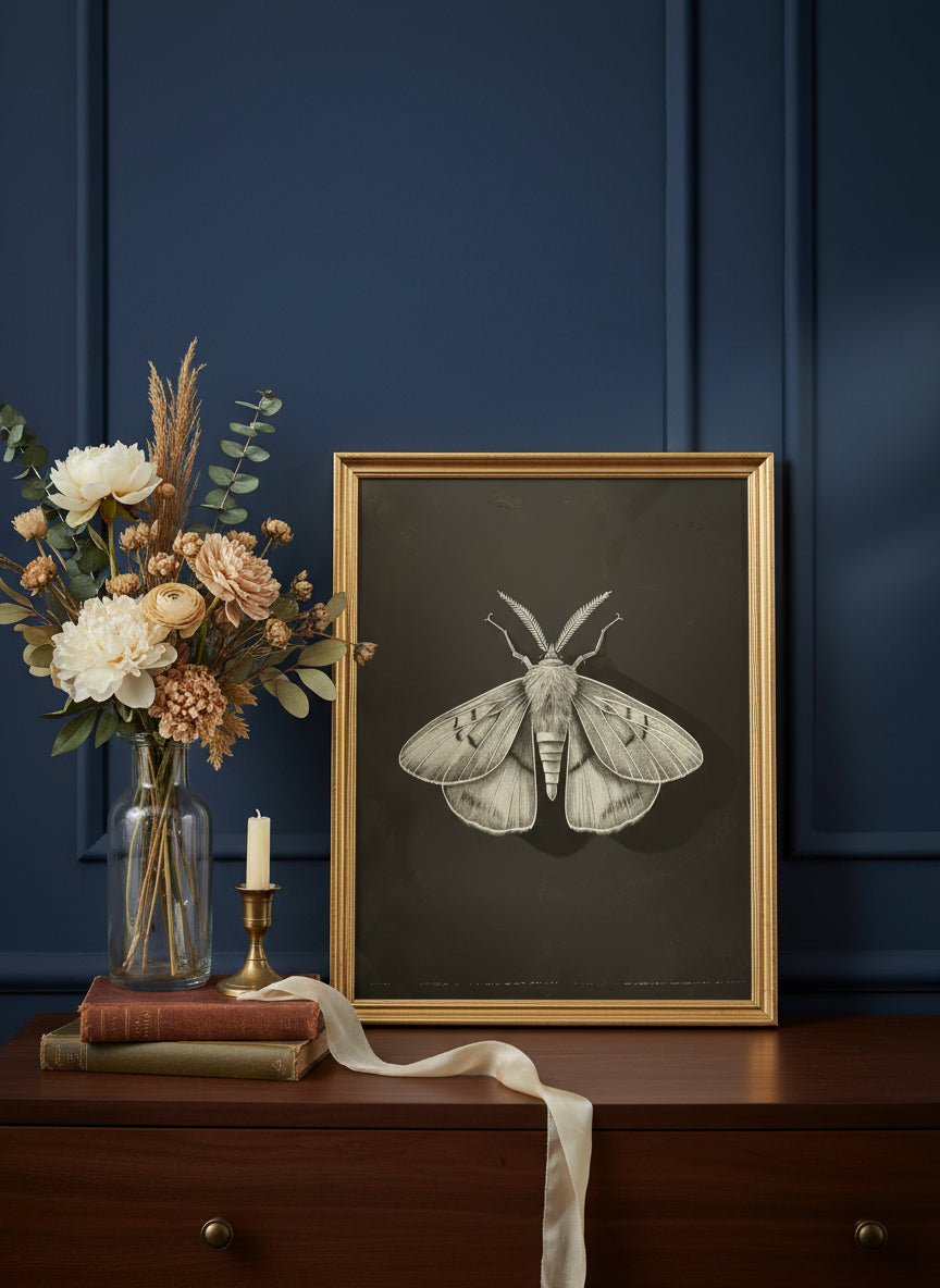 Dark Moth Botanical Illustration art print shown in a dresser dried florals setting