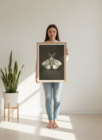 Dark Moth Botanical Illustration art print shown in a person holding bright setting