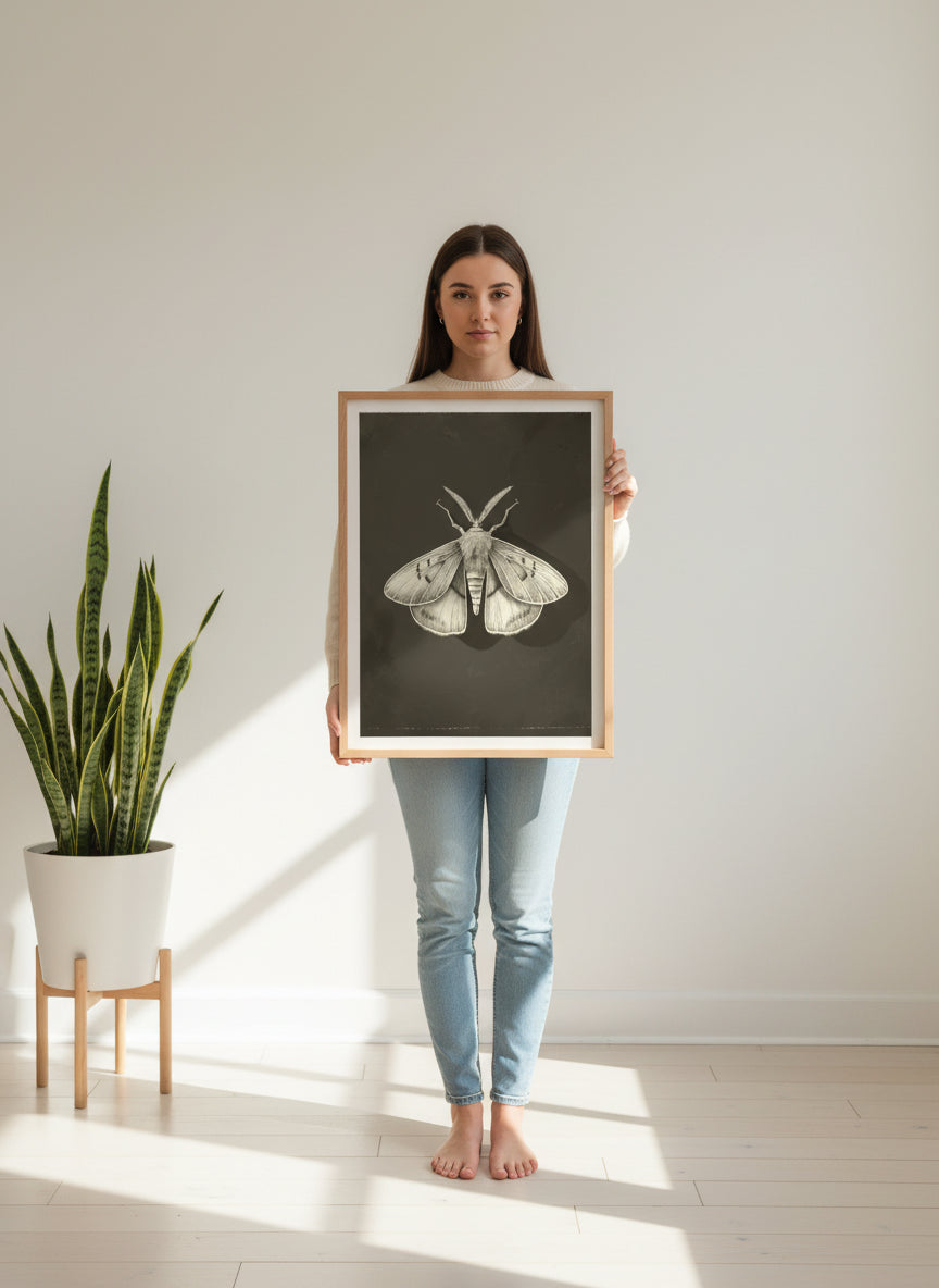 Dark Moth Botanical Illustration art print shown in a person holding bright setting