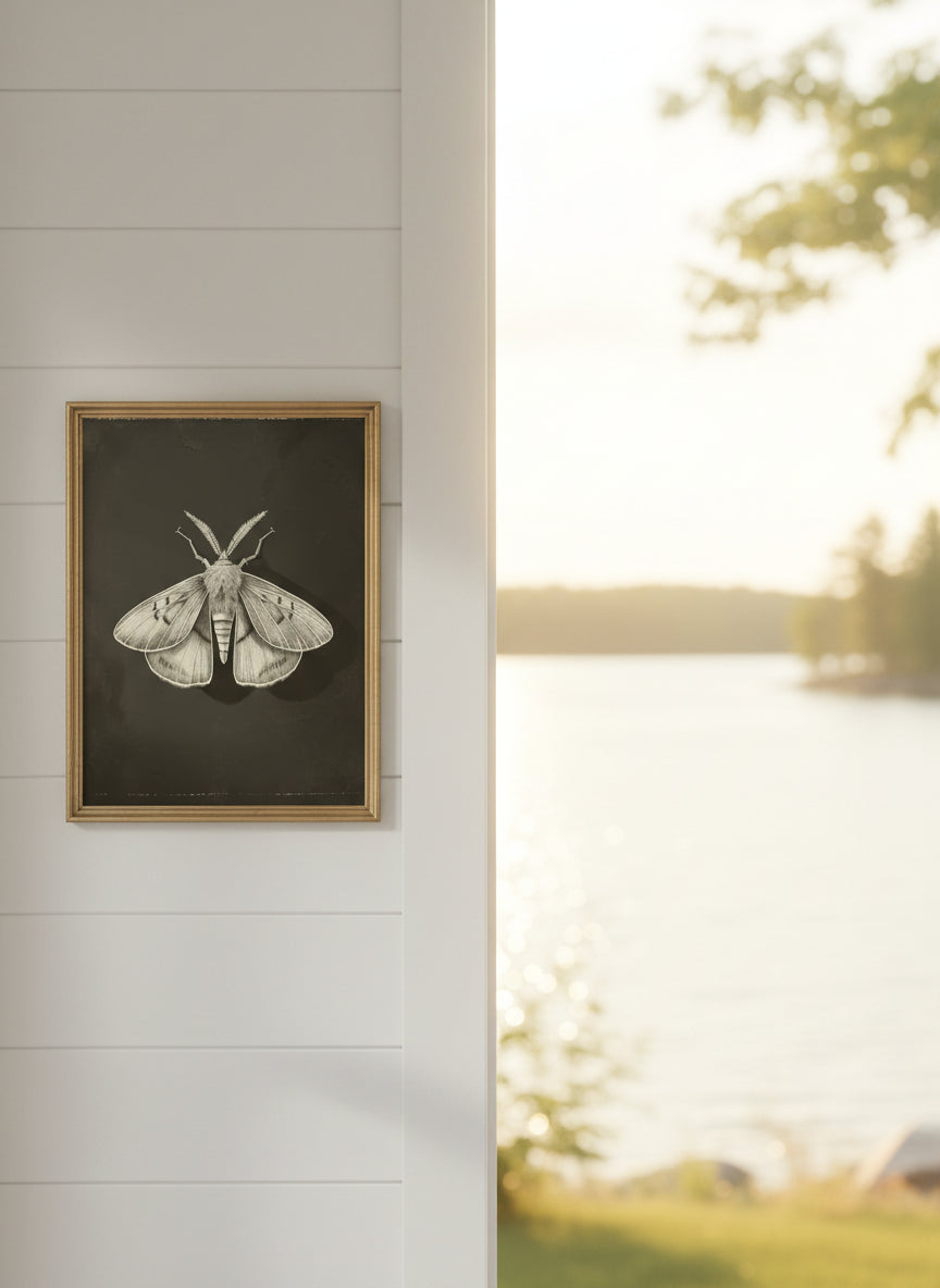 Dark Moth Botanical Illustration art print shown in a shiplap blurred view setting