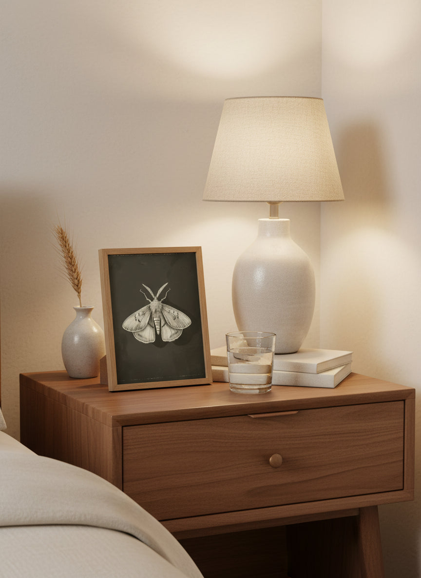 Dark Moth Botanical Illustration art print shown in a small bedside oak setting