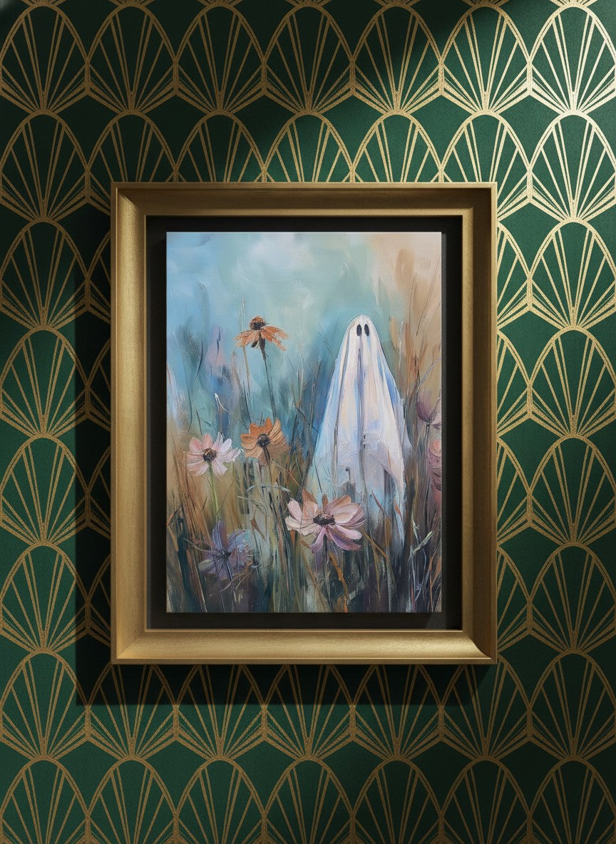 Ghost Wildflower Field Painting art print shown in a art deco geometric setting