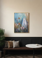 Ghost Wildflower Field Painting art print shown in a black wainscoting gold setting