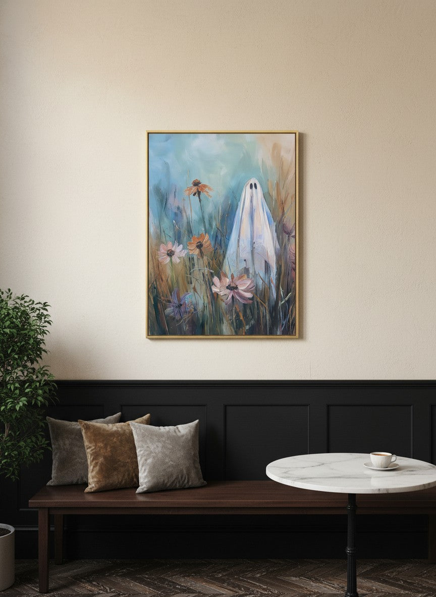 Ghost Wildflower Field Painting art print shown in a black wainscoting gold setting