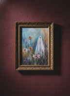 Ghost Wildflower Field Painting art print shown in a burgundy brass setting
