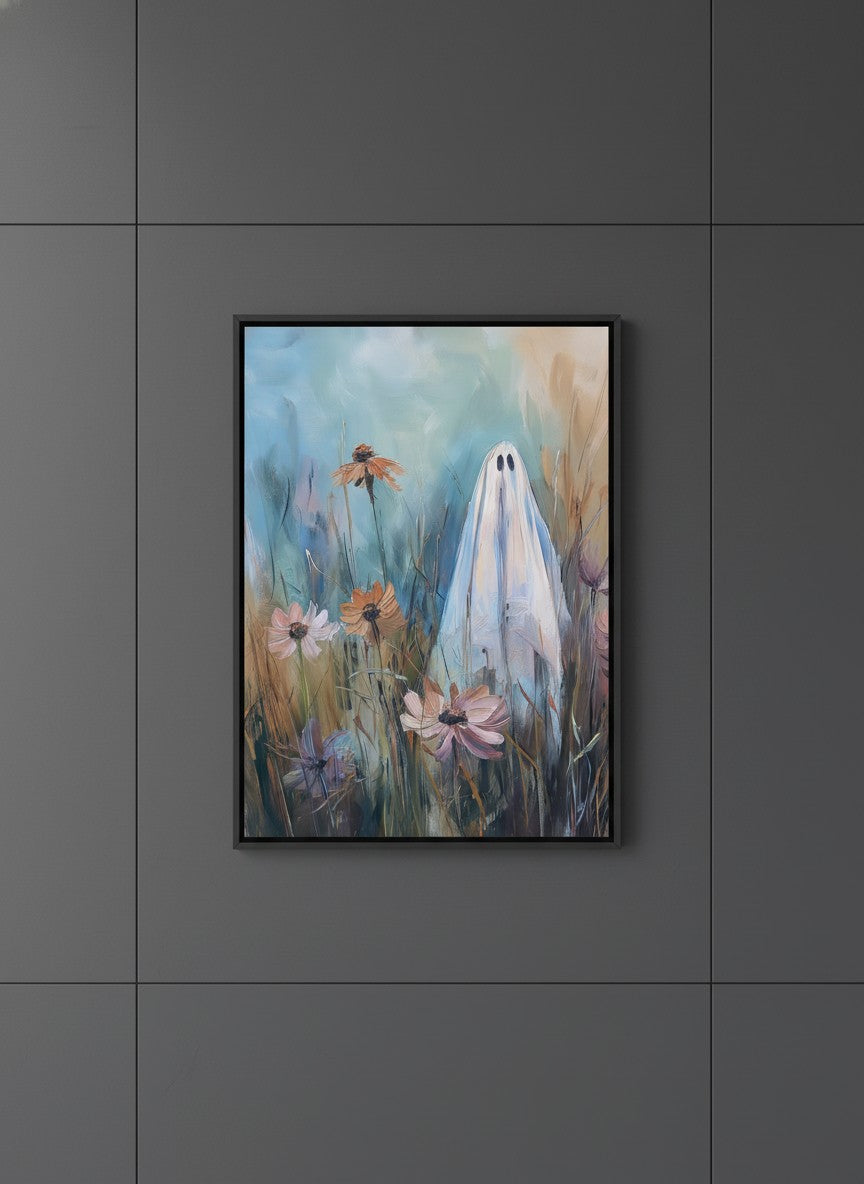 Ghost Wildflower Field Painting art print shown in a charcoal minimal black setting