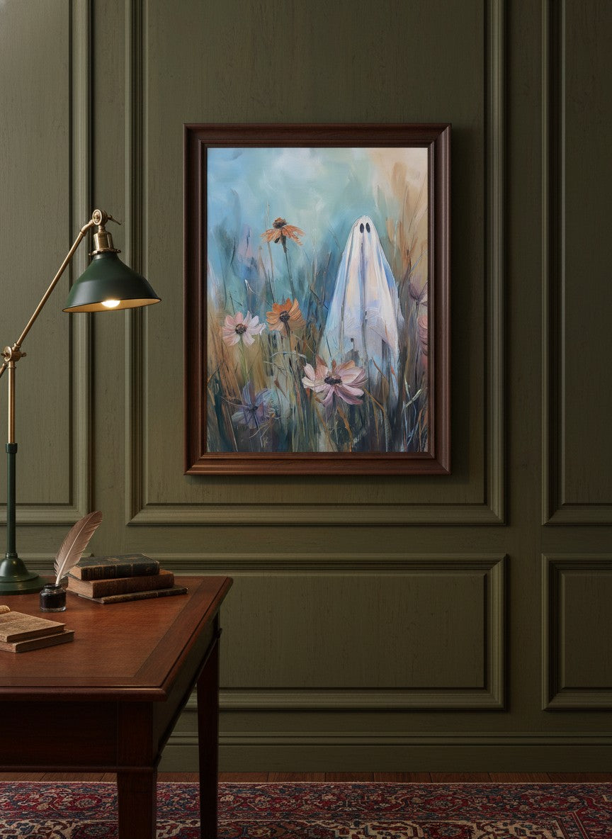 Ghost Wildflower Field Painting art print shown in a dark olive study setting