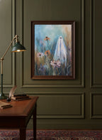 Ghost Wildflower Field Painting art print shown in a dark olive study setting