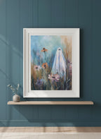 Ghost Wildflower Field Painting art print shown in a deep teal modern setting