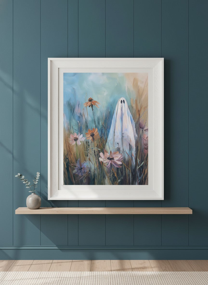 Ghost Wildflower Field Painting art print shown in a deep teal modern setting